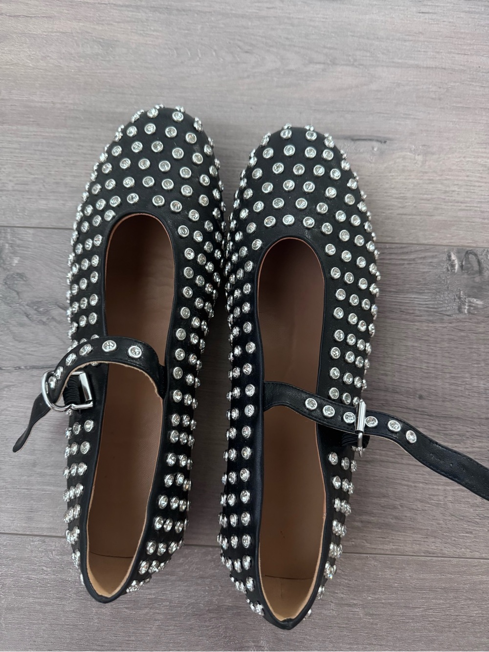 Amazon Black Studded Mary Jane Flats with Rhinestone Accents